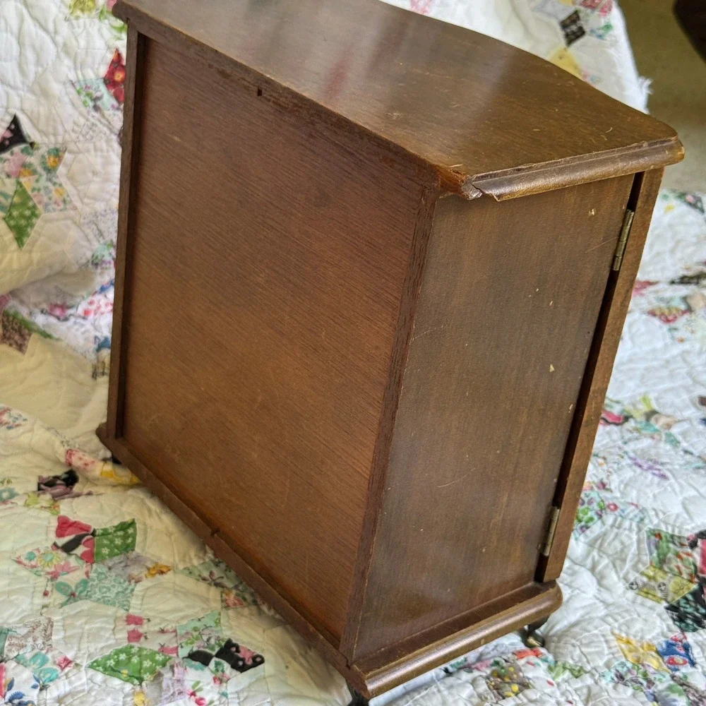 Vintage Wooden Jewelry Armoire Box Etched Glass Carousel Drawers Keepsake MCM